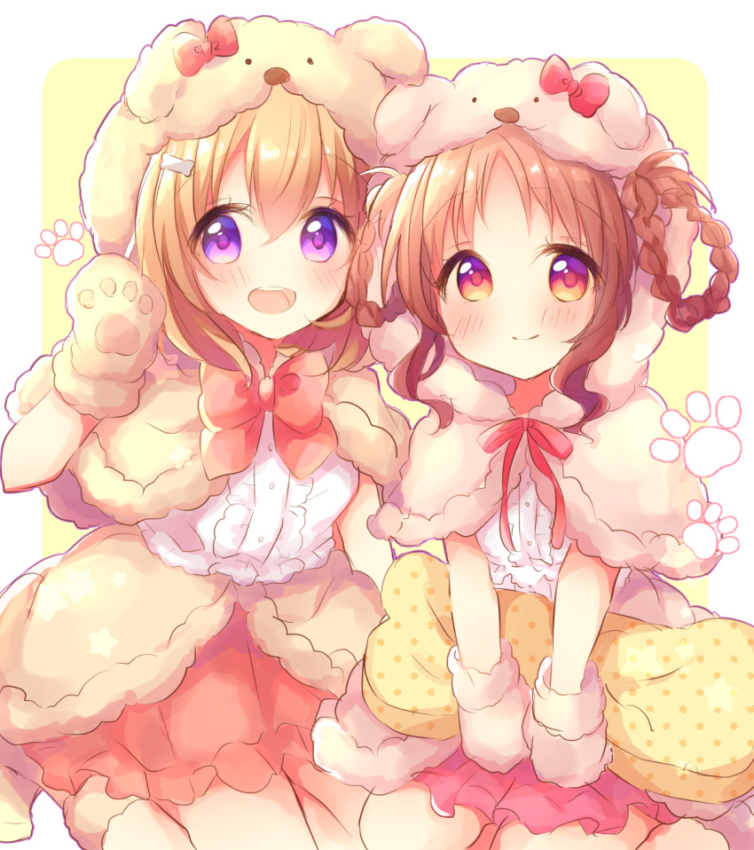 2girls :d animal_hood bangs blush bone_hair_ornament bow bowtie braid center_frills closed_mouth commentary_request dog_hood eyebrows_visible_through_hair frills fur-trimmed_capelet gloves gochuumon_wa_usagi_desu_ka? hair_between_eyes hair_rings haru_ichigo highres holding holding_pillow hood hooded_capelet hoto_cocoa light_brown_hair long_hair looking_at_viewer multiple_girls natsu_megumi open_mouth paw_gloves paws pillow pink_capelet pink_skirt pleated_skirt polka_dot_pillow red_bow red_eyes red_neckwear red_ribbon ribbon shirt sidelocks skirt smile two-tone_background violet_eyes white_background white_shirt yellow_background