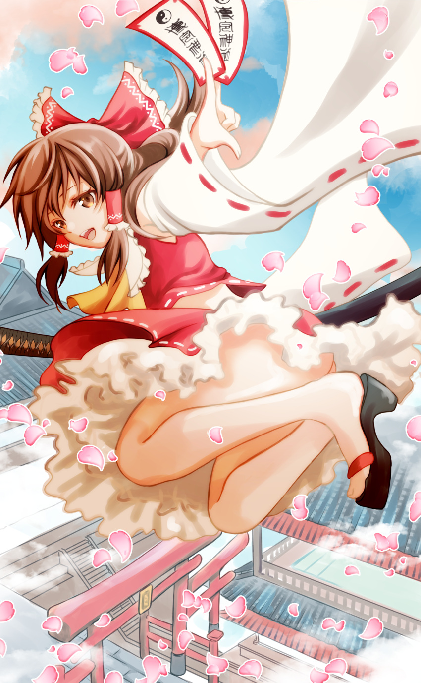 1girl :d absurdres ascot bangs bare_legs bent_knees blush bow brown_eyes brown_hair cherry_blossoms detached_sleeves flying foreshortening from_side hair_bow hair_tubes hakurei_reimu hakurei_shrine highres japanese_clothes long_hair long_sleeves looking_at_viewer looking_to_the_side miko nontraditional_miko ofuda open_mouth petals petticoat red_bow red_shirt red_skirt sheepd shirt sidelocks skirt skirt_set sleeveless sleeveless_shirt smile solo torii touhou upskirt wide_sleeves