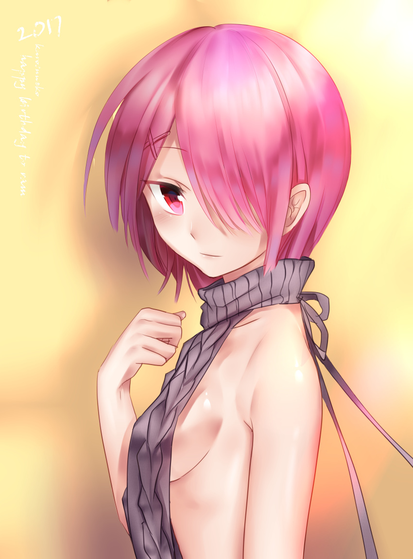 1girl 2017 absurdres ass back backless_outfit bangs bare_back bare_shoulders blush breasts collarbone cross_neko dated dress eyebrows_visible_through_hair from_behind from_side grey_sweater hair_ornament hair_over_one_eye halterneck hand_up happy_birthday highres looking_at_viewer looking_back medium_breasts naked_sweater no_bra no_panties no_underwear open-back_dress pink_eyes pink_hair ram_(re:zero) re:zero_kara_hajimeru_isekai_seikatsu ribbed_sweater shimesaba_kohada short_hair sideboob solo sweater sweater_dress turtleneck turtleneck_sweater virgin_killer_sweater x_hair_ornament