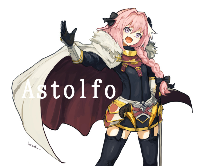 1boy armor artist_name blonde_hair bodysuit bow braid cape character_name collar fate/apocrypha fate_(series) fur_trim garter_straps gauntlets gloves grey_eyes hair_bow hair_over_shoulder horn_(instrument) kilt lansane long_hair long_sleeves looking_at_viewer open_mouth pink_hair rider_of_black smile solo sword thigh-highs trap violet_eyes weapon white_background
