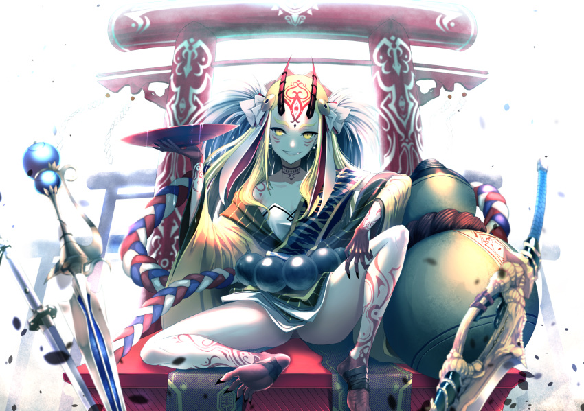 1girl ass barefoot blonde_hair cup earrings fate/grand_order fate_(series) highres horns ibaraki_douji_(fate/grand_order) japanese_clothes jewelry kimono limeblock long_hair looking_at_viewer oni sakazuki sitting smile solo sword weapon yellow_eyes