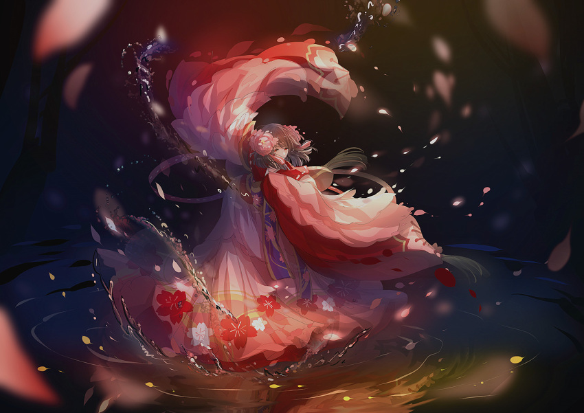 1girl bangs black_background black_hair cherry_blossoms covered_mouth dancing floral_print flower hair_flower hair_ornament half-closed_eyes japanese_clothes long_hair long_sleeves miemia motion_blur onmyoji petals pink_flower red_eyes reflection ripples sash shawl solo standing tassel water water_surface wide_sleeves ying_hua_yao