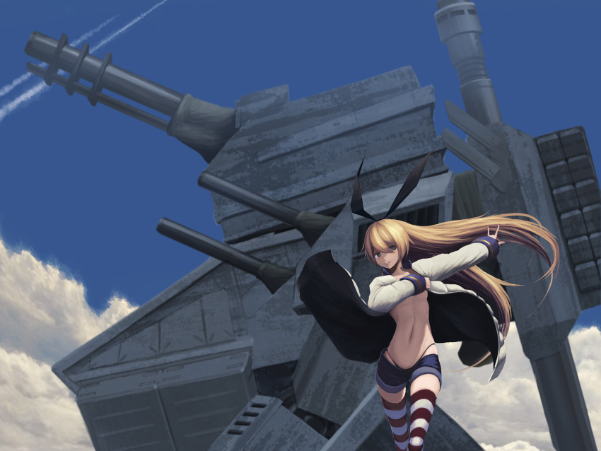 1girl black_panties black_ribbon blonde_hair blue_shorts breasts closed_mouth clouds condensation_trail green_eyes hair_between_eyes hair_ribbon hand_gesture highleg highleg_panties highres jacket kantai_collection long_hair looking_at_viewer machinery navel open_clothes open_jacket outstretched_arm panties piniita ribbon shimakaze_(kantai_collection) shorts sky sleeves_past_wrists small_breasts smile solo striped striped_legwear thigh-highs underwear very_long_hair white_jacket wind