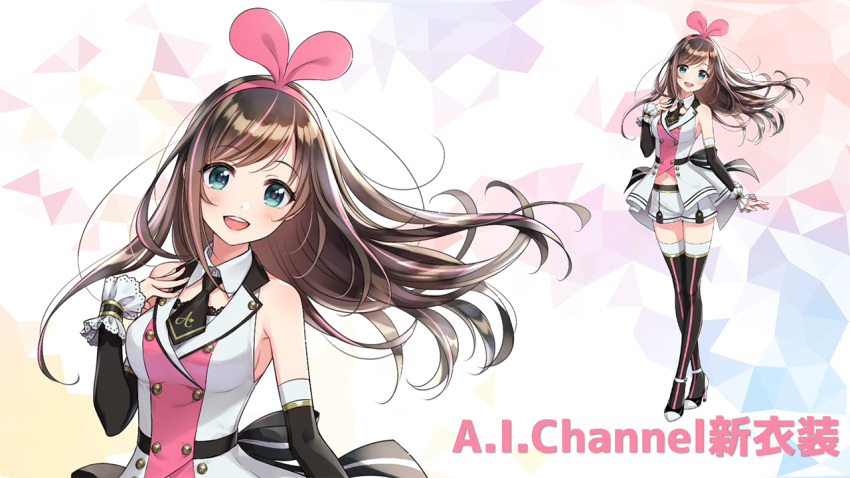 a.i._channel arm_warmers bangs bow commentary_request dress green_eyes hairband kizuna_ai lace lace-trimmed_sleeves lace-trimmed_thighhighs long_hair looking_at_viewer morikura_en multicolored_hair necktie official_art pink_bow pink_hair pink_hairband pink_ribbon ribbon shirt shorts sleeveless sleeveless_dress sleeveless_shirt thigh-highs