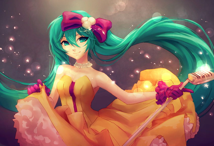 1girl absurdly_long_hair accessories bare_shoulders bow breasts collarbone dress edwin-kun eyebrows eyelashes frills gloves green_eyes green_hair hair_bow hair_ornament hatsune_miku highres holding jewelry kochira_koufuku_anshin_iinkai_desu_(vocaloid) light_particles lighting long_hair looking_at_viewer microphone microphone_stand nail_polish necklace skirt_hold smile solo twintails very_long_hair vocaloid