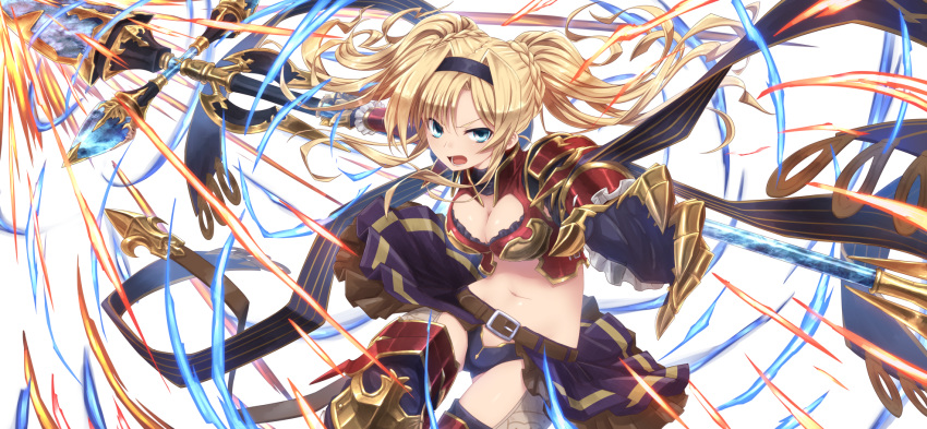 &gt;:o 1girl :o armor armored_boots belt blonde_hair blue_eyes boots braid breasts cleavage commentary_request gauntlets gluteal_fold granblue_fantasy hair_ornament hairband highres holding holding_spear holding_weapon large_breasts long_hair looking_at_viewer midriff mizunashi_(second_run) navel open_mouth polearm solo spear twintails weapon zeta_(granblue_fantasy)