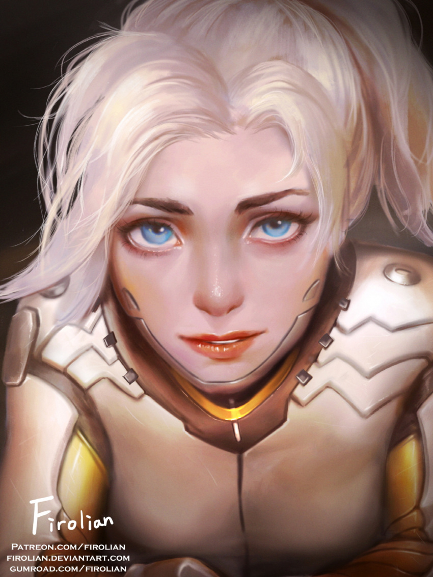 1girl artist_name blonde_hair blue_eyes bodysuit close-up eyebrows eyelashes face firolian grey_background high_ponytail highres leaning_forward light_smile lips lipstick looking_at_viewer looking_up makeup mercy_(overwatch) no_headwear no_wings nose overwatch parted_lips realistic red_lipstick seductive_smile signature smile solo upper_body watermark web_address