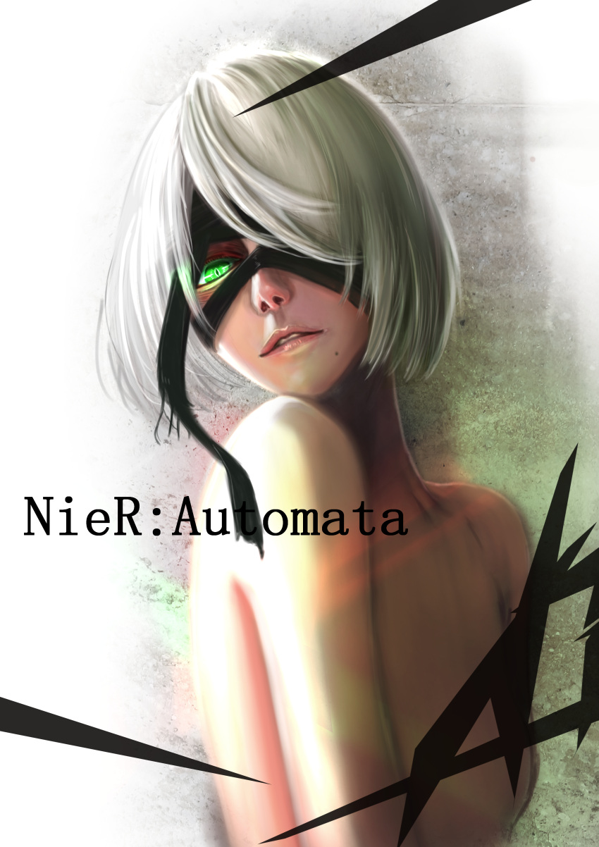 1girl absurdres bare_shoulders black_hairband blindfold breasts collarbone copyright_name covered_eye glowing glowing_eyes green_eyes hair_over_eyes hairband highres kuroshii looking_at_viewer mole mole_under_mouth nier_(series) nier_automata nose nude parted_lips pink_lips portrait short_hair silver_hair small_breasts solo upper_body yorha_no._2_type_b