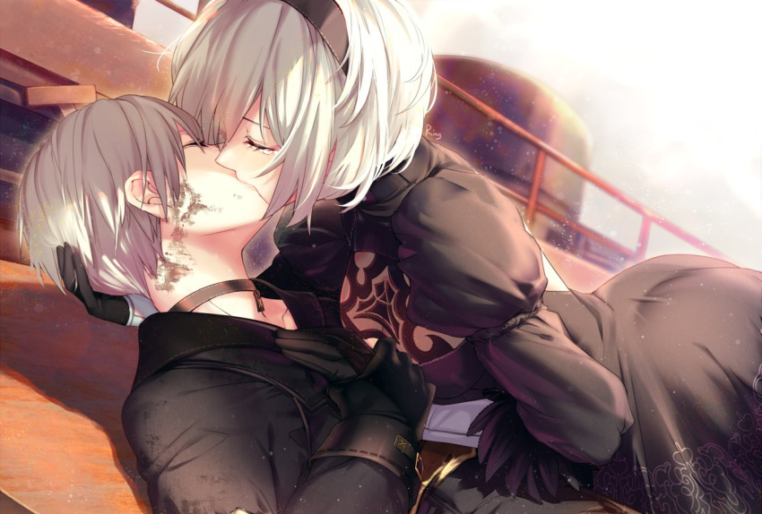 1boy 1girl aki663 black_dress black_gloves blurry breasts center_opening cleavage_cutout closed_eyes crying depth_of_field dress dutch_angle french_kiss gloves hairband hand_holding juliet_sleeves kiss large_breasts long_sleeves nier_(series) nier_automata puffy_sleeves scrape shadow short_hair tears white_hair yorha_no._2_type_b yorha_no._9_type_s