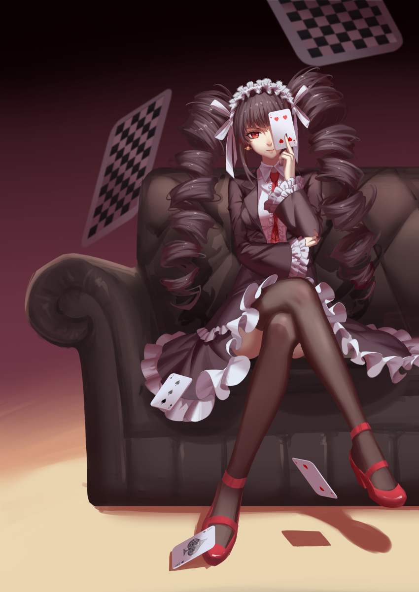 1girl absurdres bangs between_fingers black_hair black_legwear black_nails bonnet breasts card celestia_ludenberck center_frills checkered closed_mouth clubs collared_shirt couch dangan_ronpa dangan_ronpa_1 dress_shirt drill_hair earrings eyelashes falling_card frills full_body gothic_lolita gradient gradient_background hair_ribbon heart high_heels highres holding holding_card jewelry legs_crossed lolita_fashion long_hair long_sleeves looking_at_viewer maomaozi nail_polish necktie on_couch one_eye_covered oversized_object playing_card red_eyes red_necktie red_shoes ribbon shadow shirt shoes sitting small_breasts smile solo thigh-highs twin_drills twintails very_long_hair white_ribbon white_shirt wide_sleeves