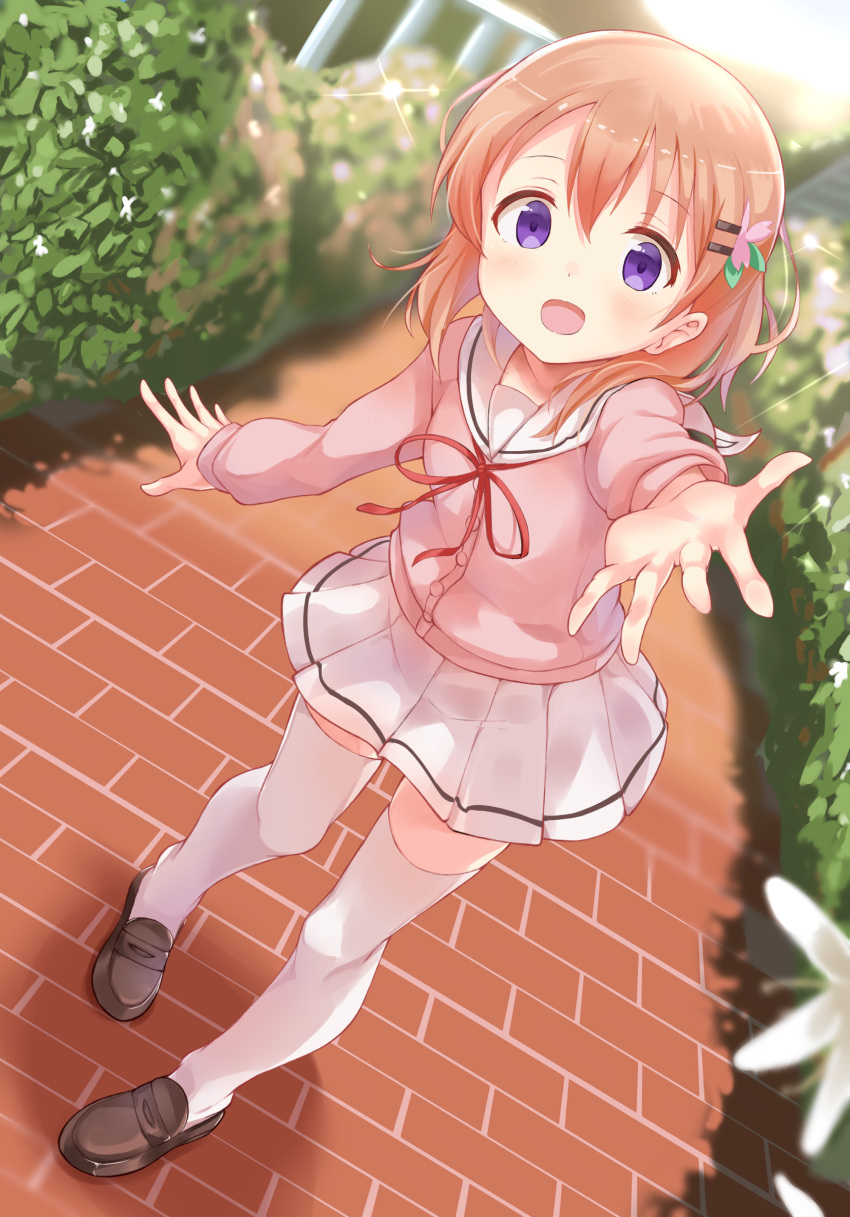 1girl absurdres bangs blouse blurry blush brick_floor brown_shoes bush commentary_request day depth_of_field dutch_angle full_body gochuumon_wa_usagi_desu_ka? guraasan hair_between_eyes hair_ornament hairclip highres hoto_cocoa long_sleeves open_mouth orange_hair outdoors pink_blouse pleated_skirt reaching_out red_ribbon ribbon sailor_collar school_uniform serafuku shoes short_hair skirt smile solo standing thigh-highs violet_eyes white_legwear white_skirt zettai_ryouiki