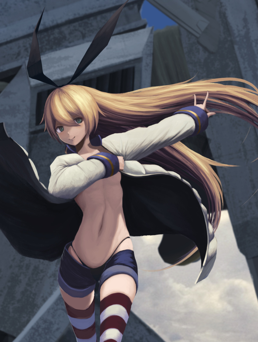 1girl black_panties black_ribbon blonde_hair blue_shorts breasts closed_mouth clouds green_eyes hair_between_eyes hair_ribbon hand_gesture highleg highleg_panties highres jacket kantai_collection long_hair looking_at_viewer navel open_clothes open_jacket outstretched_arm panties piniita ribbon shimakaze_(kantai_collection) shorts sleeves_past_wrists small_breasts smile solo striped striped_legwear thigh-highs underwear very_long_hair white_jacket wind