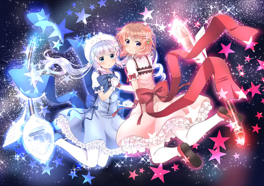 2girls :o adapted_costume bangs blue_bow blue_dress blue_eyes blue_hair blue_shoes blush bow brooch buttons character_hat closed_mouth collared_shirt dress eyebrows_visible_through_hair frilled_dress frills from_behind full_body gochuumon_wa_usagi_desu_ka? hair_ornament hairclip hand_holding highres hoto_cocoa interlocked_fingers jewelry kafuu_chino long_hair looking_at_viewer magical_girl mary_janes matching_outfit multiple_girls open_mouth orange_hair pantyhose pink_dress puffy_short_sleeves puffy_sleeves red_bow red_shoes shirt shoes short_hair short_sleeves sidelocks smile spoon star tippy_(gochiusa) twintails uneune violet_eyes white_legwear white_shirt wings x_hair_ornament