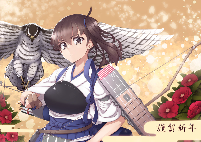1girl bangs bird blue_skirt bow_(weapon) brown_eyes brown_hair camellia_(flower) closed_mouth eyebrows_visible_through_hair falcon flower hair_between_eyes happy_new_year highres japanese_clothes kaga_(kantai_collection) kantai_collection long_hair looking_at_viewer mku muneate nengajou new_year pleated_skirt red_flower rigging side_ponytail skirt solo tasuki translated upper_body weapon