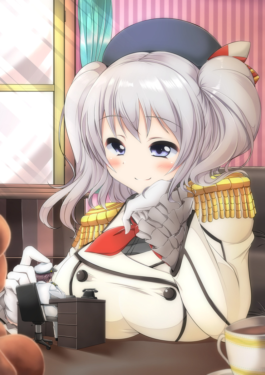 1boy 1girl absurdres admiral_(kantai_collection) beret blue_eyes blush breasts brown_hair buttons chair chin_rest coffee cup desk epaulettes frilled_sleeves frills giantess gloves grey_shirt hat highres indoors jacket kantai_collection kashima_(kantai_collection) kurokaze_no_sora large_breasts long_sleeves looking_at_another military military_uniform miniboy office_chair petting phone red_neckerchief shirt short_hair silver_hair sitting size_difference smile twintails uniform white_gloves white_hat white_jacket window