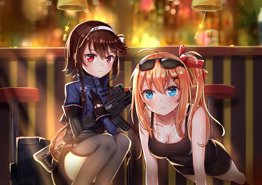 2girls ahoge arm_support assault_rifle asymmetrical_hair asymmetrical_sleeves backlighting bar_stool belt black-framed_eyewear black_gloves black_legwear black_shorts blue_eyes blue_jacket blurry blush bokeh breasts brown_hair cleavage closed_mouth collarbone counter crying crying_with_eyes_open cup depth_of_field drinking_glass eyebrows_visible_through_hair girls_frontline gloves gun hair_ribbon hand_on_own_chest highres jacket jewelry kalina_(girls_frontline) legs_together long_hair long_sleeves looking_at_viewer motion_lines multiple_girls necklace pendant push-ups railing red_eyes red_ribbon ribbon rifle serious short_hair short_hair_with_long_locks short_sleeves shorts side_ponytail sidelocks sleeveless squatting stool sunglasses sunglasses_on_head sweat tank_top tears thigh-highs trembling type_79_(girls_frontline) uniform wavy_mouth weapon wet wind_chime yuhuan