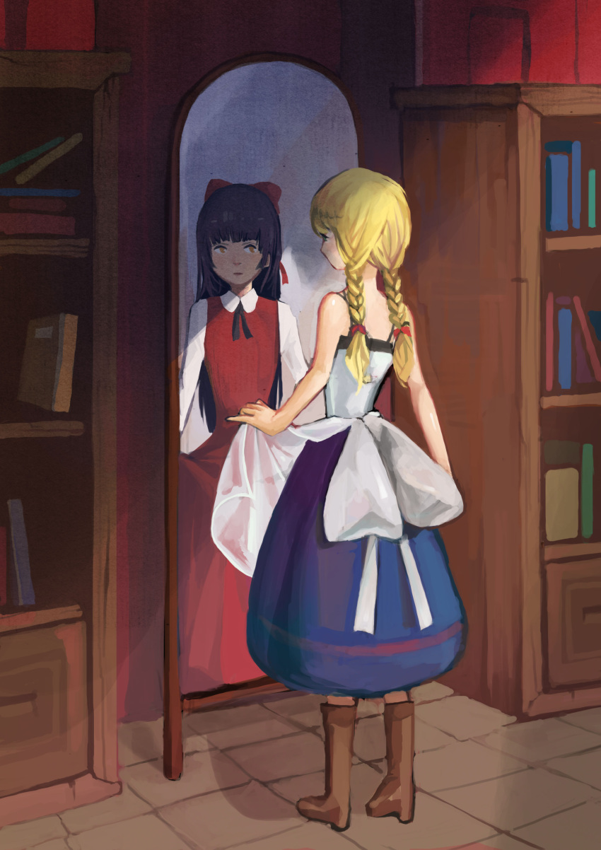 1girl absurdres apron blonde_hair book bow braid different_reflection dress ellen_(majo_no_ie) full_body green_eyes highres long_hair mahane majo_no_ie mirror purple_hair red_bow red_dress reflection ribbon twin_braids viola_(majo_no_ie) yellow_eyes