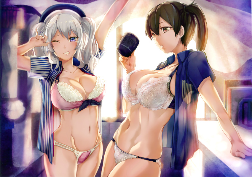 2girls absurdres armadillo-tokage blue_eyes bow bow_bra bra breasts brown_eyes brown_hair coffee_mug commentary crying crying_with_eyes_open employee_uniform highres indoors kaga_(kantai_collection) kantai_collection kashima_(kantai_collection) large_breasts lawson multiple_girls navel no_pants one_eye_closed open_clothes open_shirt panties pink_bra pink_panties scan shirt side_ponytail silver_hair stretch tearing_up tears two_side_up underwear uniform white_bra white_panties