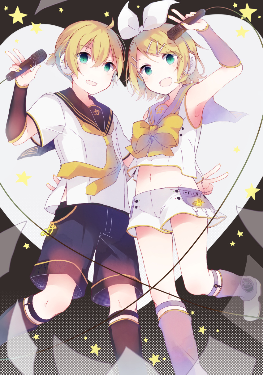 1boy 1girl absurdres aqua_eyes armpits blonde_hair bow crop_top detached_sleeves fang fortissimo full_body hair_bow hair_ornament hairclip hand_on_another's_back headphones heart heart_background highres holding holding_microphone kagamine_len_(vocaloid4) kagamine_rin_(vocaloid4) kaneko_aaru leg_up leg_warmers looking_at_viewer microphone midriff navel necktie piano_print sailor_collar shirt short_hair short_ponytail short_sleeves shorts siblings sleeveless sleeveless_shirt smile sparkle star twins v v4x vocaloid