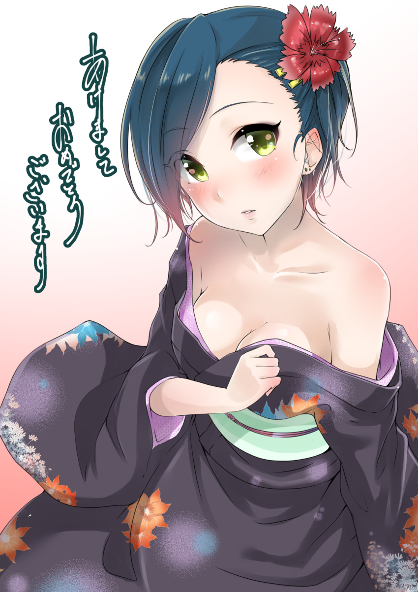 1girl akeome asymmetrical_bangs bangs black_kimono blue_hair blush breasts cleavage collarbone eyebrows_visible_through_hair flower green_eyes hair_flower hair_ornament happy_new_year hayami_kanade highres idolmaster idolmaster_cinderella_girls japanese_clothes kimono kimono_pull large_breasts looking_at_viewer murabito_c new_year obi parted_lips red_flower sash short_hair sitting solo translated