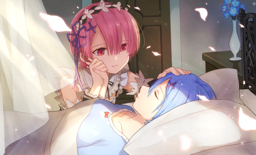 2girls bare_shoulders bedroom blanket blue_flower blue_hair bow breasts closed_mouth commentary_request curtains day detached_sleeves door eyelashes fingernails glowing hair_back hair_between_eyes hair_ornament hair_ribbon hairband hairclip hand_on_another's_head happy_birthday holding_hand indoors lolita_hairband long_sleeves looking_at_another lying maid medium_breasts multiple_girls nightgown on_back on_bed petals petting pillow pink_eyes pink_hair purple_ribbon ram_(re:zero) re:zero_kara_hajimeru_isekai_seikatsu red_bow red_eyes rem_(re:zero) ribbon ribbon_trim shake_sawa shiny shiny_hair short_hair siblings sisters sleeping smile sunlight twins vase wall wind x_hair_ornament