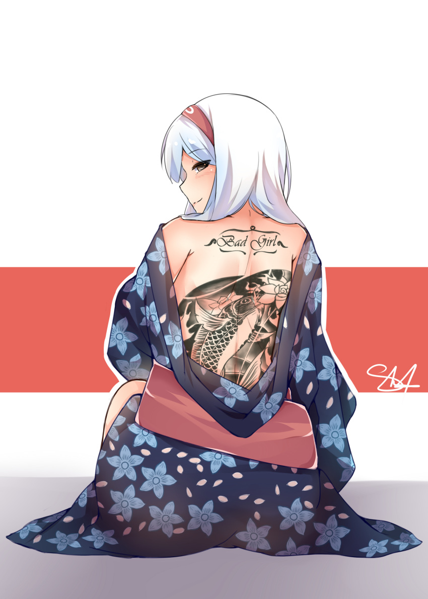 1girl absurdres back_tattoo blush brown_eyes closed_mouth commentary english floral_print flower from_behind full_body hairband highres japanese_clothes kantai_collection kimono koi looking_back obi off_shoulder profile sash shoukaku_(kantai_collection) sitting smile solo supremacy tattoo white_background white_hair