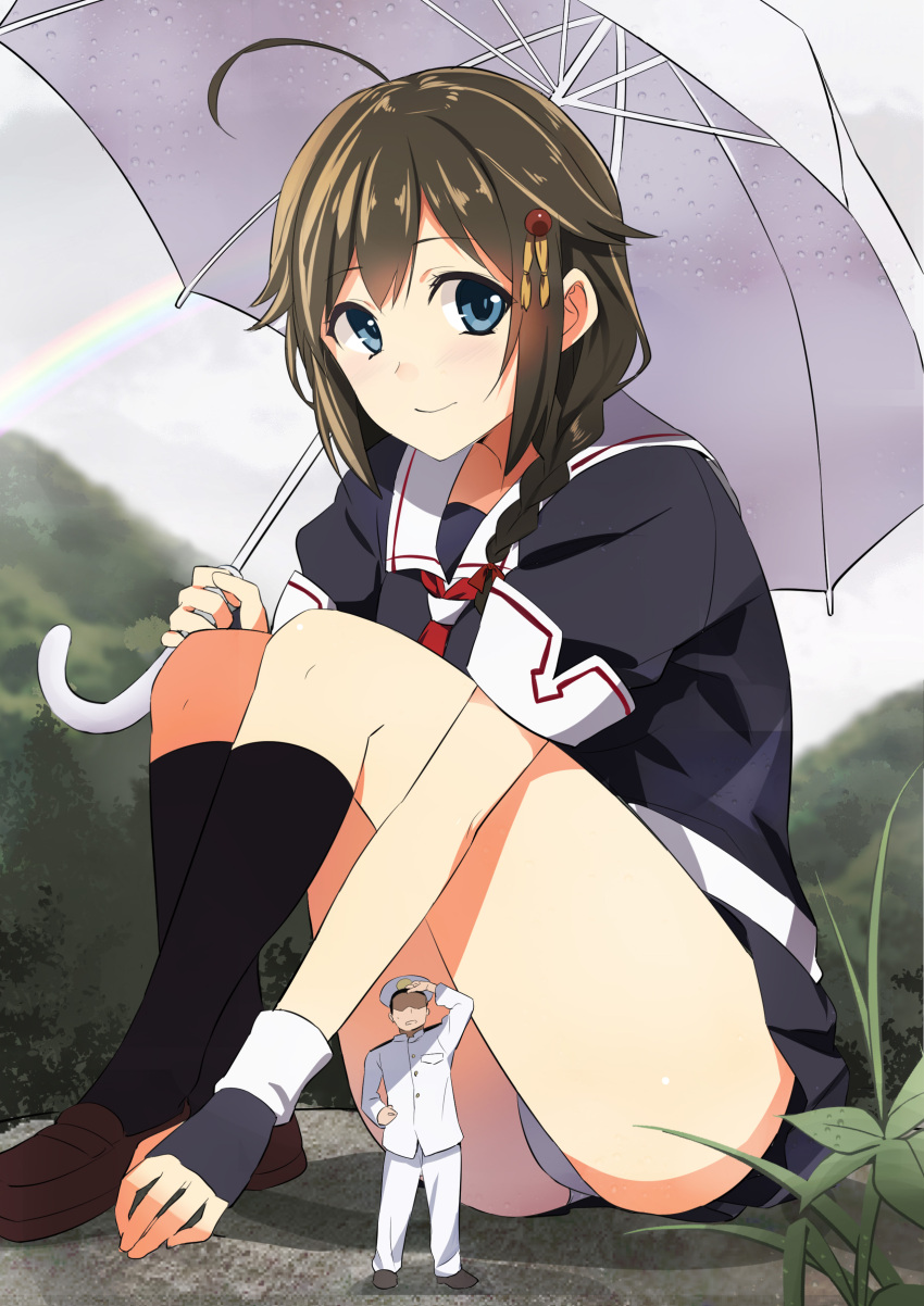 1girl absurdres admiral_(kantai_collection) ahoge akechi_shizuku ass bangs black_legwear black_serafuku black_skirt blue_eyes braid brown_hair brown_shoes collarbone eyebrows_visible_through_hair fingerless_gloves giantess gloves grass grey_sky highres hill holding holding_umbrella kantai_collection looking_at_viewer miniboy necktie outdoors panties pantyshot pantyshot_(sitting) plant rain rainbow red_necktie remodel_(kantai_collection) school_uniform serafuku shigure_(kantai_collection) shoes short_sleeves sitting size_difference skirt smile socks umbrella underwear white_panties