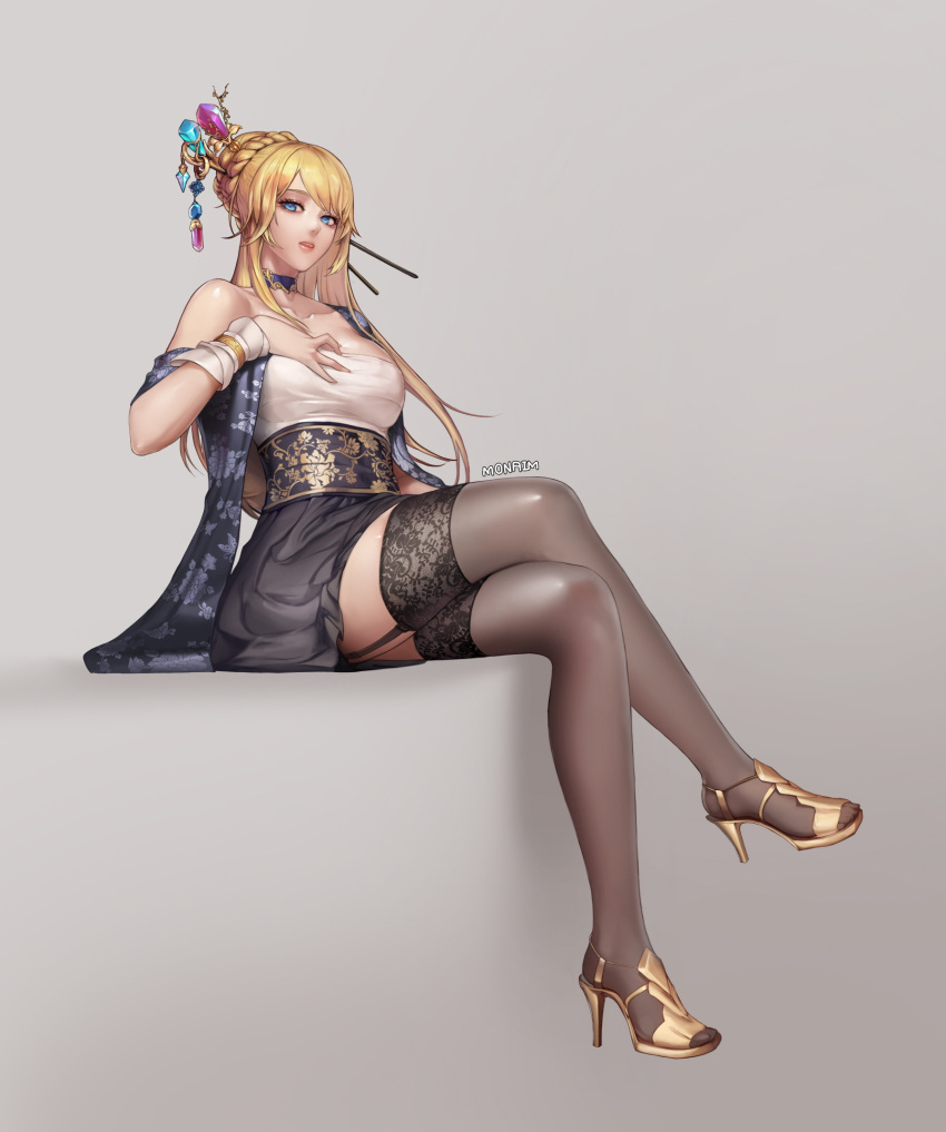1girl artist_name bangs bare_shoulders black_legwear black_skirt blonde_hair braid breasts choker crystal dungeon_and_fighter elsword eyelashes female_gunner_(dungeon_and_fighter) floral_print full_body garter_straps gradient gradient_background grey_background hair_ornament hair_stick hand_on_breast high_heels highres invisible_chair korean_clothes large_breasts legs_crossed long_hair looking_at_viewer looking_to_the_side monaim parted_lips revision rose_(elsword) shiny shiny_clothes shiny_hair shoes sitting skirt solo strapless swept_bangs thigh-highs yellow_shoes