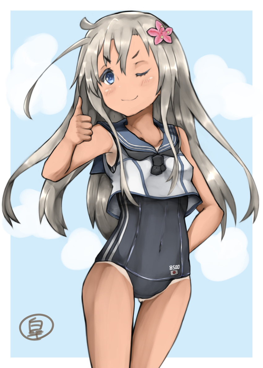 1girl absurdres blue_eyes covered_navel cowboy_shot crop_top flower hair_flower hair_ornament highres japanese_flag kantai_collection logo one-piece_tan one_eye_closed ourah_ikuzus ro-500_(kantai_collection) sailor_collar school_swimsuit smile solo swimsuit swimsuit_under_clothes tan tanline thumbs_up