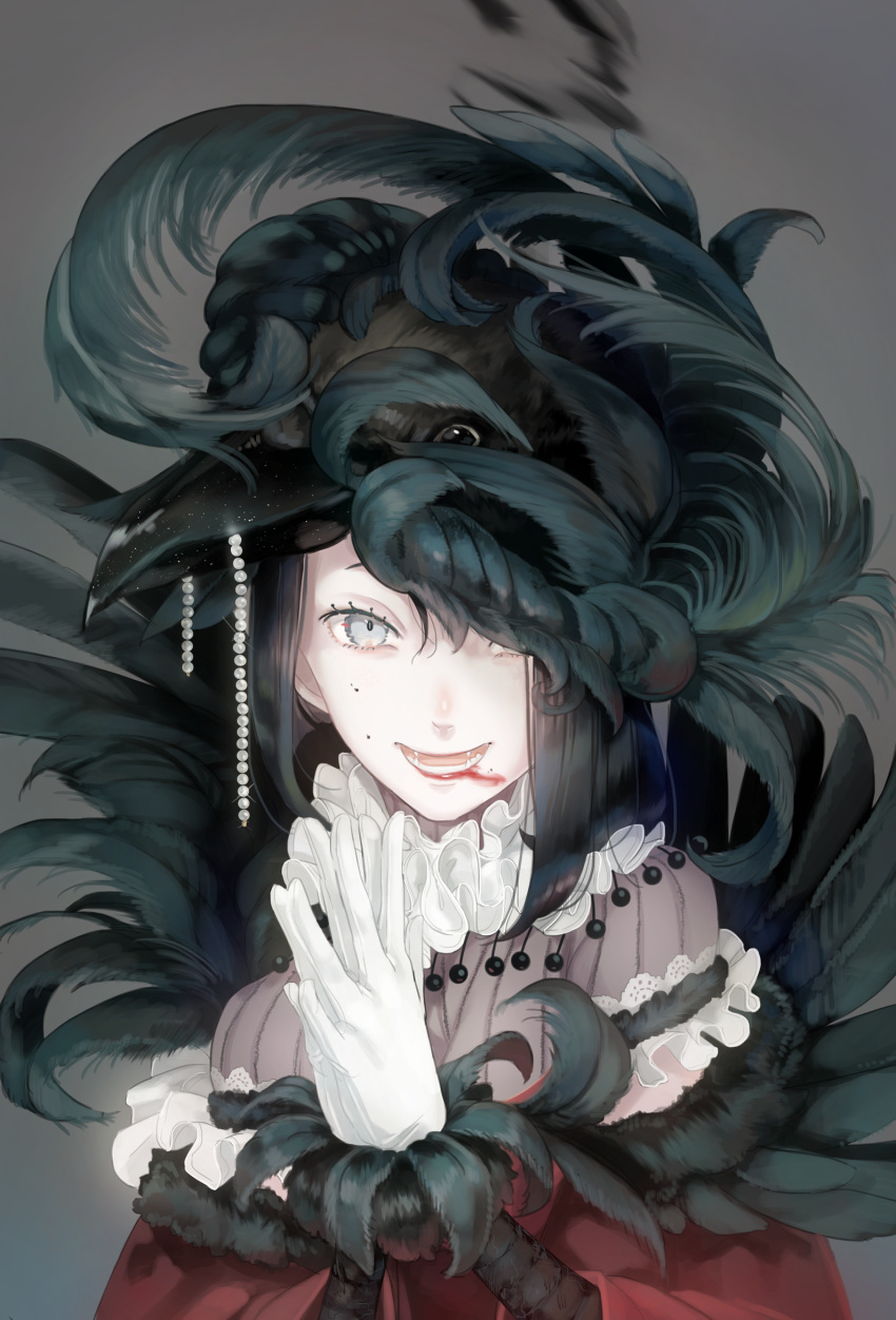 1girl bangs bird black_hair blood blood_from_mouth commentary_request crow dress evil_smile feather_trim feathers gloves grey_background grey_eyes highres jewelry looking_at_viewer mizutame_tori necklace open_mouth original pearl pearl_necklace red_dress simple_background smile solo teeth white_gloves
