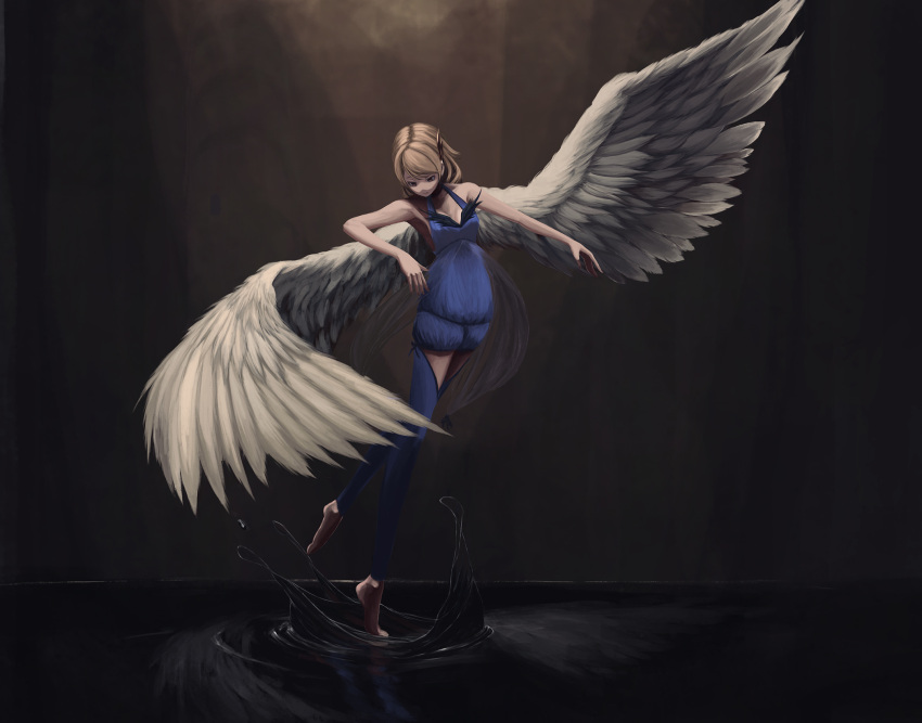 1girl barefoot blue_dress blue_legwear brown_hair closed_mouth dress from_side frown full_body hair_ornament halterneck highres looking_down original outstretched_arm piniita reflection sleeveless sleeveless_dress solo thigh-highs water white_wings wings