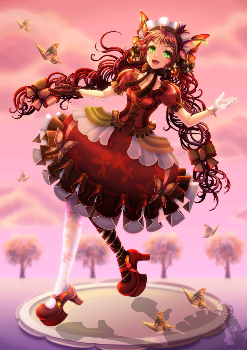 1girl :d absurdres apple_hair_ornament bow brown_gloves brown_hair brown_legwear butterfly butterfly_hair_ornament cyrsullufotleaf food_themed_hair_ornament gloves green_eyes hair_bow hair_ornament highres long_hair maid_headdress open_mouth outdoors personification pink_sky pocketland red_shoes shadow shoes smile solo striped striped_legwear tea thigh-highs twintails white_gloves white_legwear