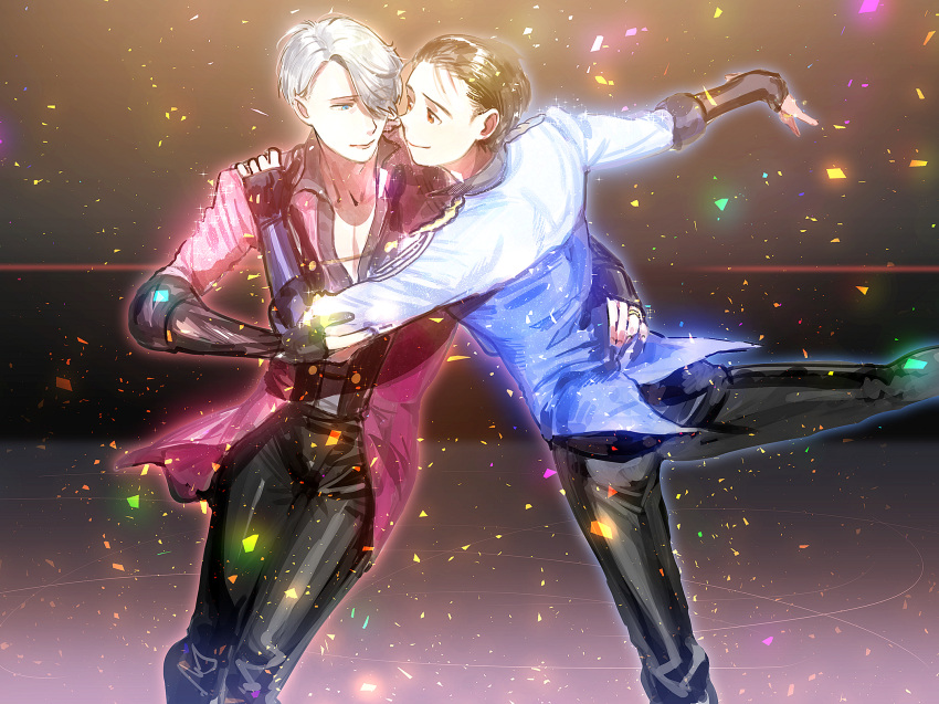 2boys black_hair blue_eyes brown_eyes confetti hair_over_one_eye hair_slicked_back hand_on_another's_hip hand_on_another's_shoulder highres jewelry katsuki_yuuri kurumiya_hato looking_at_another male_focus multiple_boys ring silver_hair skating skating_rink smile viktor_nikiforov yuri!!!_on_ice