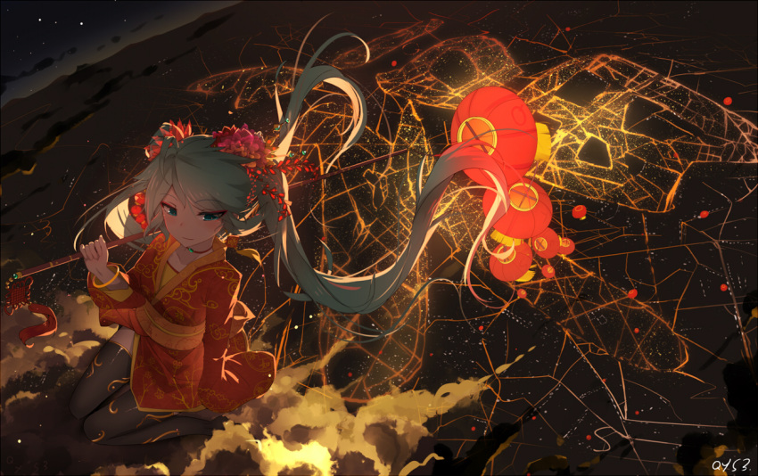 1girl above_clouds arm_at_side artist_name bai_yemeng bangs beads black_legwear blue_eyes bracelet breasts carrying_over_shoulder chinese_clothes choker city closed_mouth clouds eyebrows_visible_through_hair floating_hair flower from_above green_hair hair_ornament hatsune_miku holding jewelry kanzashi lantern light_particles long_hair long_sleeves medium_breasts night night_sky paper_lantern sash signature sitting sky solo star_(sky) swept_bangs thigh-highs twintails very_long_hair vocaloid wariza wide_sleeves