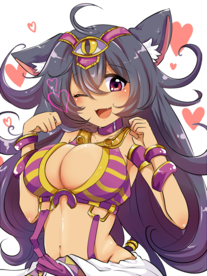 1girl animal_ears black_hair breasts cat_ears cat_tail character_request cleavage dark_skin eyebrows_visible_through_hair fang heart highres large_breasts long_hair monster_strike navel negiko one_eye_closed open_mouth red_eyes smile solo tail