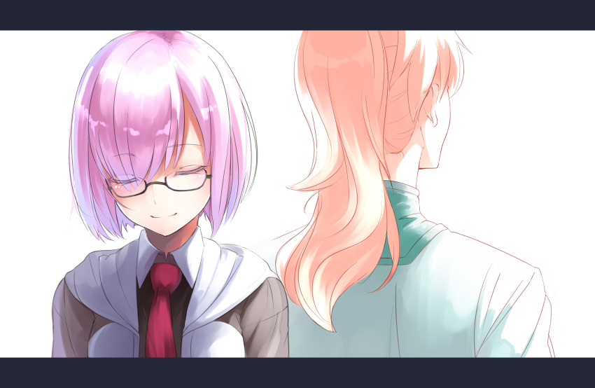 1boy 1girl absurdres back-to-back bangs blonde_hair closed_eyes closed_mouth collared_shirt eyebrows_visible_through_hair fate/grand_order fate_(series) glasses hair_over_one_eye highres hood hoodie jazztaki letterboxed necktie ponytail purple_hair red_necktie romani_akiman semi-rimless_glasses shielder_(fate/grand_order) shirt short_hair smile under-rim_glasses upper_body violet_eyes white_shirt wing_collar