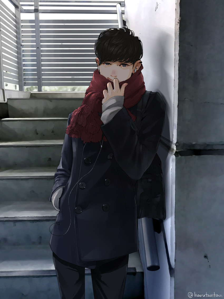 1boy :p absurdres adjusting_scarf against_wall bag bangs black_hair blank_eyes blue_eyes blue_pants blush buttons cable coat commentary_request cowboy_shot day ear_piercing earphones earphones eyebrows_visible_through_hair hand_in_pocket harutan044 highres jacket large_buttons leaning licking_lips long_sleeves looking_at_viewer male_focus no_pupils nose_blush original outdoors pants piercing railing red_scarf scarf shoulder_bag solo stairs standing sunlight tongue tongue_out wire