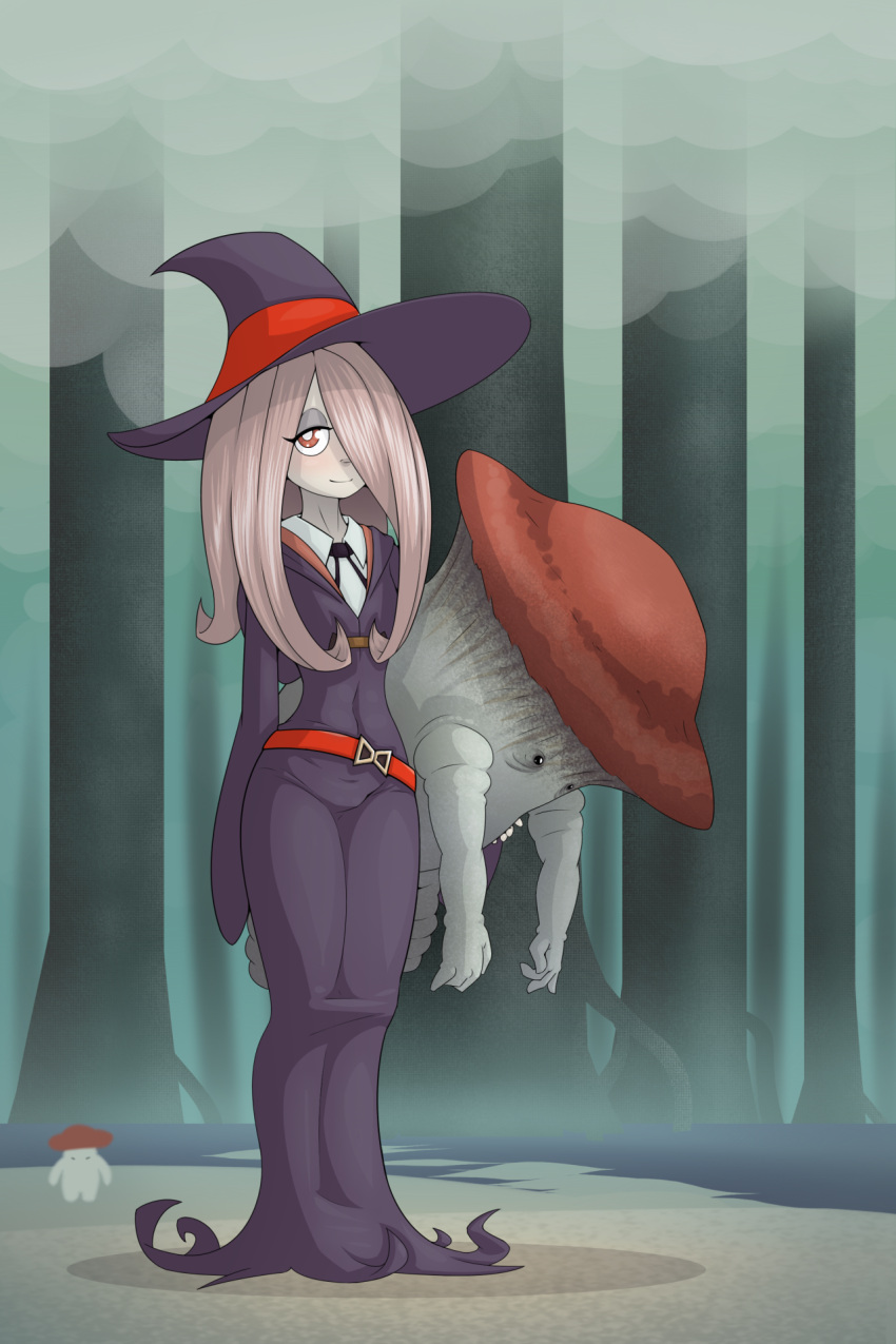 1girl covered_navel dark_souls hat highres impossible_clothes limebreaker little_witch_academia mushroom_child mushroom_parent one_eye_covered smile souls_(from_software) sucy_manbavaran tree witch_hat