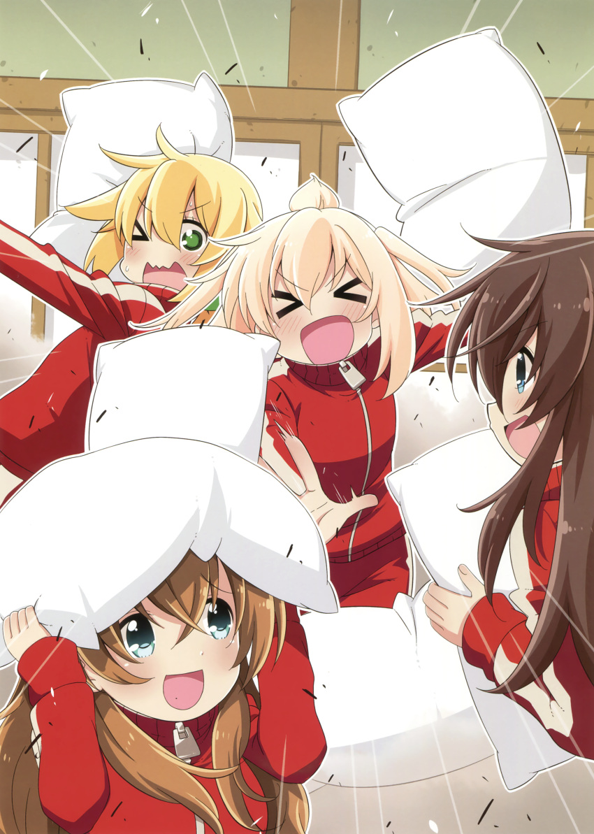 &gt;_&lt; &gt;_o 4girls :d absurdres artist_request blonde_hair blue_eyes blush brown_hair emphasis_lines eyebrows_visible_through_hair green_eyes gym_uniform hair_between_eyes highres holding holding_pillow indoors long_hair looking_at_another looking_at_viewer multiple_girls one_eye_closed open_mouth original outstretched_arm pillow pillow_fight profile scan sideways_mouth smile sweatdrop throwing v-shaped_eyebrows white_pillow xd zipper