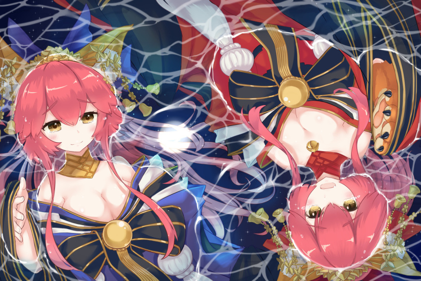 2girls animal_ears bell bell_collar bow breasts cleavage collar detached_sleeves fate/extra fate/grand_order fate_(series) fox_ears hair_bow hair_ribbon japanese_clothes large_breasts long_hair looking_at_viewer multiple_girls open_mouth paws pink_hair ribbon tamamo_(fate)_(all) tamamo_cat_(fate/grand_order) tamamo_no_mae_(fate) tears tentou_mushi yellow_eyes