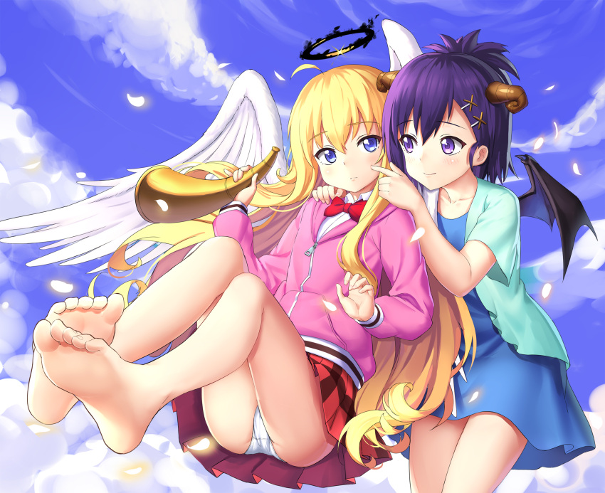2girls ahoge angel angel_and_devil angel_wings barefoot blonde_hair blue_dress blue_eyes blush bow bowtie cheek_poking closed_mouth clouds collarbone day demon_girl demon_horns demon_wings dress drogoth eyebrows_visible_through_hair feet gabriel_dropout glint hair_between_eyes hair_ornament hairclip halo hand_on_another's_shoulder head_tilt highres holding hood hooded_jacket horn horn_(instrument) horns instrument jacket long_sleeves looking_at_another multiple_girls panties pantyshot pantyshot_(sitting) pink_jacket pleated_skirt poking purple_hair red_bow red_bowtie red_skirt school_uniform shirt sitting skirt sky soles tenma_gabriel_white toes tsukinose_vignette_april underwear violet_eyes white_panties white_shirt wings x_hair_ornament zipper