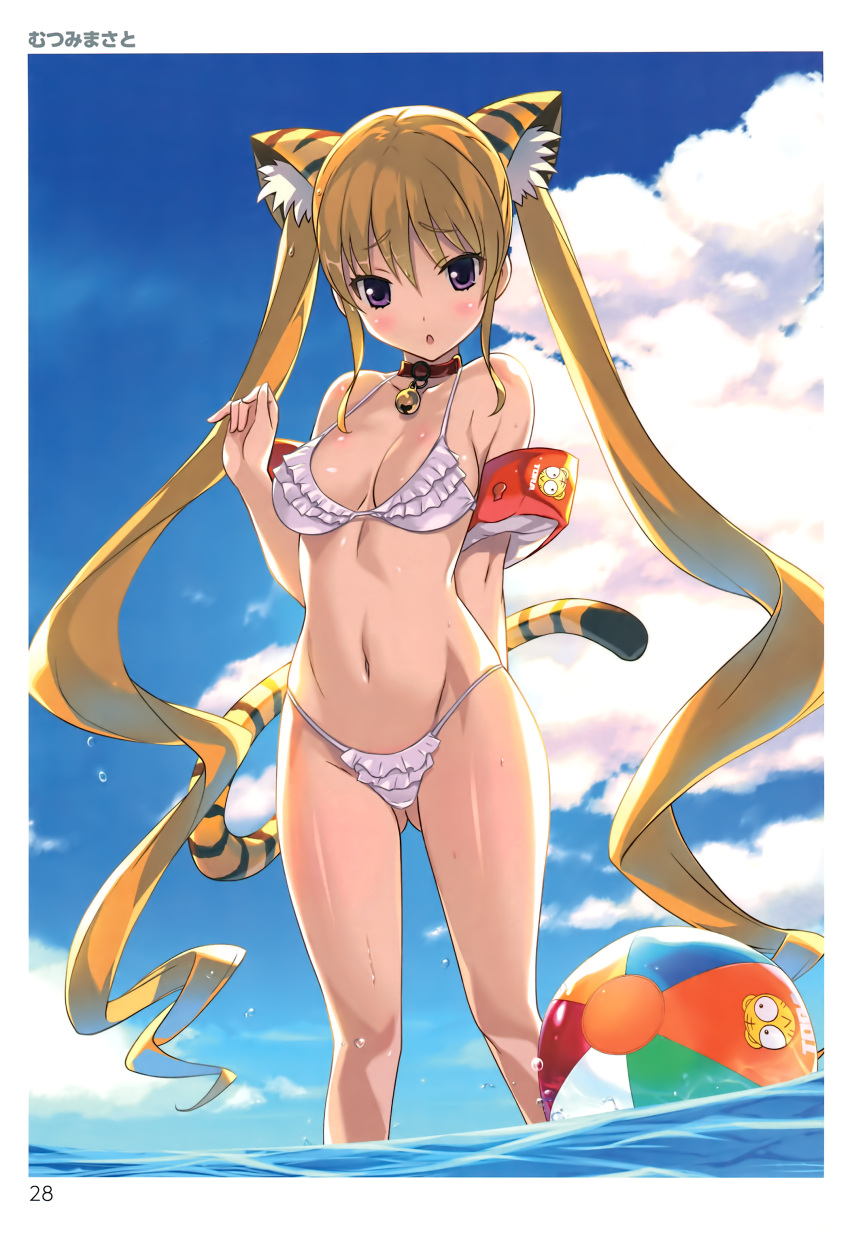 1girl absurdres animal_ears arm_behind_back ball bangs bare_shoulders beachball bell bikini blonde_hair blue_sky blush body_blush breasts cat_ears cat_tail chestnut_mouth choker cleavage clouds collarbone cowboy_shot day eyebrows_visible_through_hair floaties frilled_bikini frills gluteal_fold highres horizon jingle_bell kotora_(toranoana) long_hair looking_at_viewer medium_breasts mutsumi_masato navel ocean open_mouth page_number scan sky solo stomach summer swimsuit tail tiger_ears tiger_tail toranoana twintails very_long_hair violet_eyes wading water water_drop wet wet_hair