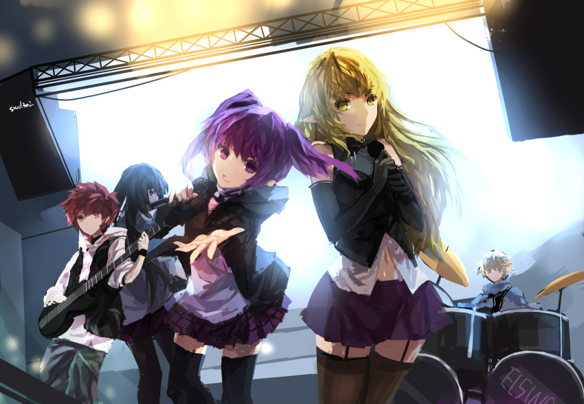 2boys 3girls aisha_(elsword) black_gloves black_hair black_legwear blonde_hair character_name character_request copyright_name elbow_gloves elsword elsword_(character) garter_straps gloves guitar highres holding holding_instrument holding_microphone instrument long_hair looking_at_viewer microphone multiple_boys multiple_girls music open_mouth pantyhose playing_instrument pleated_skirt pointy_ears purple_hair purple_skirt redhead short_hair skirt spiky_hair swd3e2 thigh-highs twintails violet_eyes yellow_eyes zettai_ryouiki