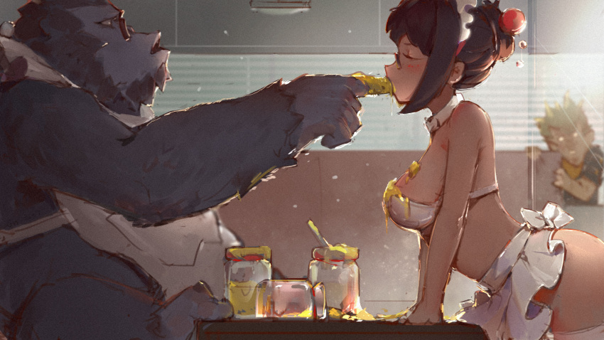 1girl 2boys apron bra breasts closed_eyes feeding finger_sucking gaoerji glasses gorilla highres junkrat_(overwatch) medium_breasts mei_(overwatch) messy multiple_boys no_panties overwatch peanut_butter peeping phallic_symbol strapless strapless_bra table thigh-highs underwear waist_apron white_bra winston_(overwatch)