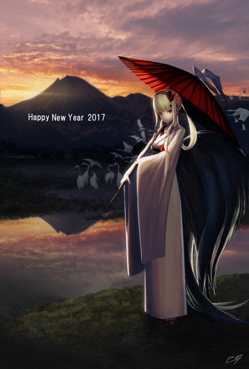 1girl 2017 absurdres bangs bird blonde_hair blunt_bangs blurry closed_mouth clouds crane_(animal) depth_of_field english full_body furisode hairband happy_new_year highres japanese_clothes kimono long_hair long_sleeves looking_at_viewer mountain new_year obi oriental_umbrella original outdoors piniita pond red_eyes reflection rooster_tail sandals sash sidelocks signature sky solo standing sunset tail umbrella water year_of_the_rooster
