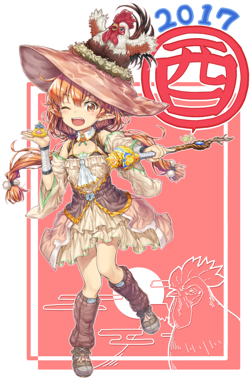 1girl 2017 animal animal_on_head arm_warmers bangs bare_shoulders bird blush brown_dress brown_eyes brown_hat brown_shoes chicken colored_eyelashes cravat detached_sleeves dress eyebrows_visible_through_hair full_body hair_between_eyes hand_up hat hexagram highres holding holding_wand keyhole komase_(jkp423) leg_warmers long_hair looking_at_viewer low-tied_long_hair low_twintails nest on_head one_eye_closed open_mouth orange_hair original outstretched_arm pinky_out pointy_ears pom_pom_(clothes) rooster shiny shiny_hair shoes sleeveless sleeveless_dress solo speech_bubble standing standing_on_one_leg twintails wand wide_sleeves witch_hat year_of_the_rooster