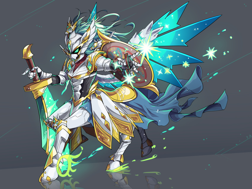 1boy armor centaur full_armor green_hair helmet highres kozakura_(dictionary) long_hair male_focus outstretched_arm perseus_(p&amp;d) puzzle_&amp;_dragons reflection saddle shield sparkle wind winged_helmet wings