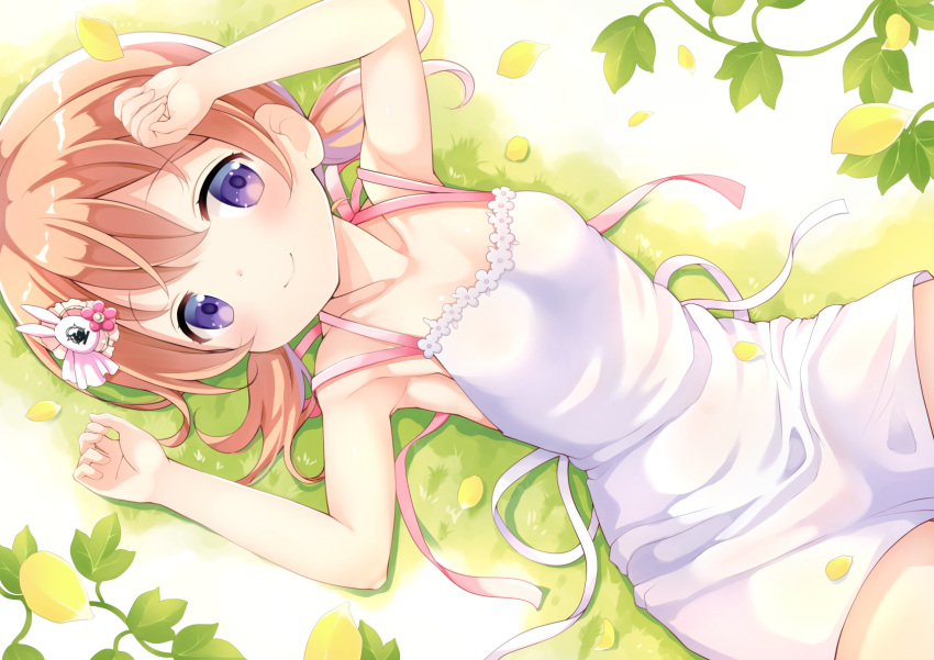 1girl apron armpits bangs bare_arms bare_shoulders blush breasts cleavage closed_mouth collarbone commentary_request cowboy_shot dutch_angle from_above gochuumon_wa_usagi_desu_ka? grass hair_between_eyes hair_ornament hand_on_own_forehead highres hoto_cocoa leaf looking_at_viewer low_twintails lying naked_apron on_back on_grass orange_hair plant short_hair sidelocks small_breasts smile solo toketou twintails violet_eyes white_apron white_background