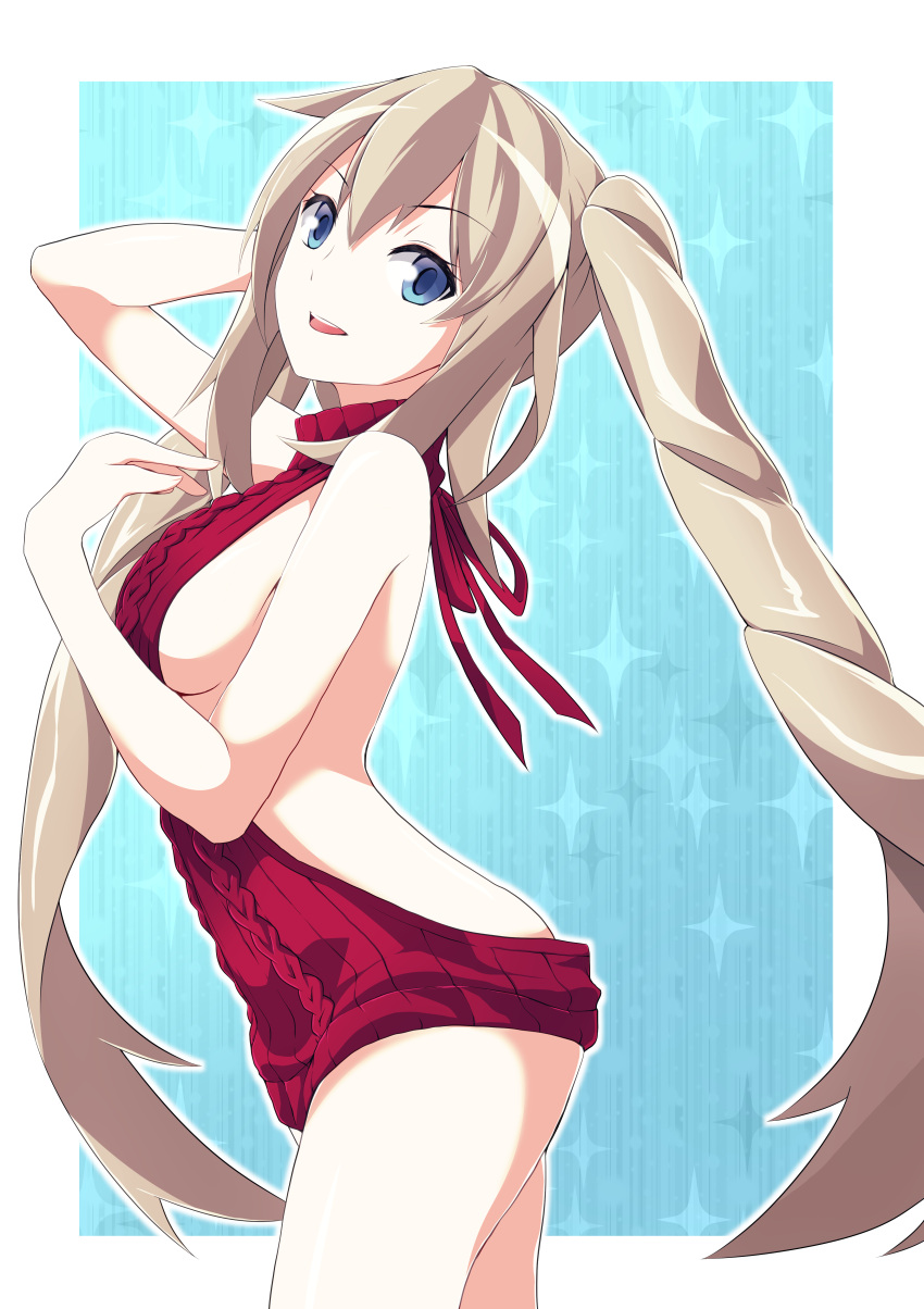 1girl absurdres aran_sweater arm_behind_head arm_up ass backless_outfit bare_back bare_shoulders blue_eyes breasts brown_hair cowboy_shot dress drill_hair eyebrows_visible_through_hair fate/grand_order fate_(series) feet_out_of_frame from_side gloves hair_between_eyes halterneck hand_up highres kamitsuki_jack long_hair looking_at_viewer marie_antoinette_(fate/grand_order) medium_breasts naked_sweater no_bra no_panties no_underwear open-back_dress open_mouth red_dress red_sweater ribbed_sweater sideboob sleeveless smile solo sweater sweater_dress teeth turtleneck turtleneck_sweater twin_drills very_long_hair virgin_killer_sweater