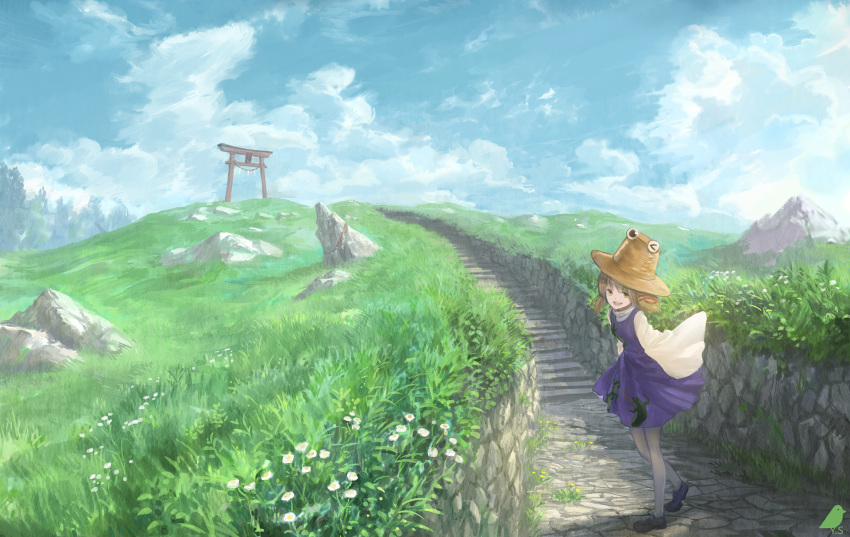1girl blonde_hair blue_sky clouds cloudy_sky commentary_request day flower grass hair_ribbon hat highres looking_at_viewer meadow moriya_suwako outdoors pantyhose purple_skirt ribbon rock skirt skirt_set sky sleeves_past_wrists smile solo stairs torii touhou vest white_legwear wide_sleeves yellow_eyes you_(shimizu)